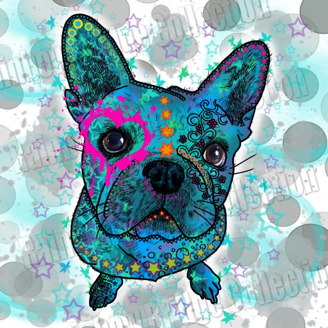 Hundemotiv Elli - Bild auf Leinwand, Kunstdruck, Popart, Bunt, Hundemotiv, französische Bulldogge, french Bulldog, Bully, Blau, Grau, 40cm, 60cm, 100cm